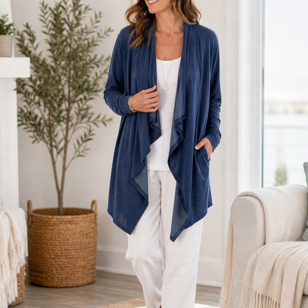 Pure Jill Indigo Blue Lyocell Blend Drape Front Button Cardigan Womens L